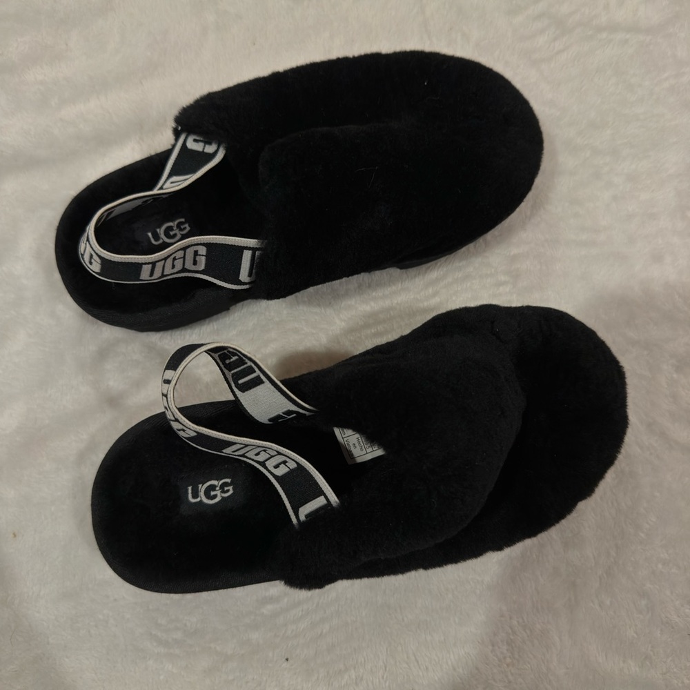 UGG Black Plush Slide Slippers with Branded Heel Strap